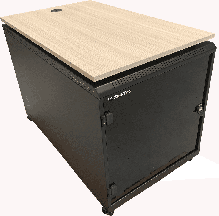 schwarzer EDV-Schrank mit Holzplatte